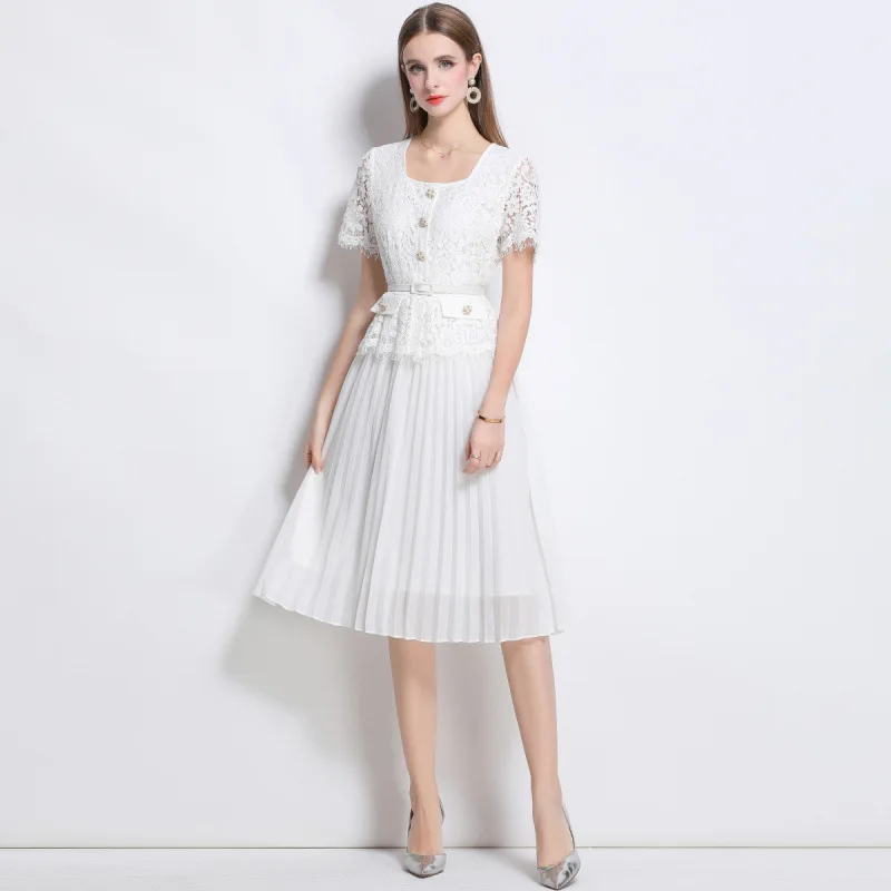 ชุดเดรสยาวผ้าตาข่ายแต่งลูกไม้เอวสูงสำหรับฤดูร้อน พร้อมเข็มขัด คอเหลี่ยม กระโปรงบาน กระดุมเดี่ยว เสื้อคลุม Dr Sli แบบพัน