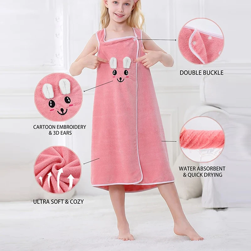 1pc Rabbit Ears Design Children\'s Suspender Bathrobe, Coral Fleece Bath Skirt, Kids Wearable Bath Towel, Soft Skin Friendly