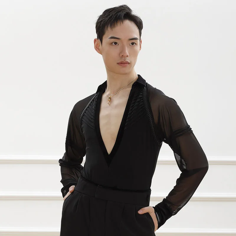 

Мужской топ для латиноамериканских танцев 2026: черный V-образный вырез, для выступлений ча-ча-ча и румбы, тренировочная одежда с длинным рукавом для взрослых мужчин VDL5260