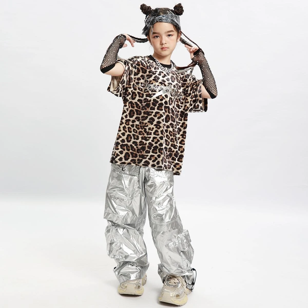 Nieuwe Jazz Kleding Meisjes Luipaard T-Shirt Zilveren Broek Kids Hip Hop Dans Kostuum Kinderen Kpop Stadium Outfit Street Wear XS9202
