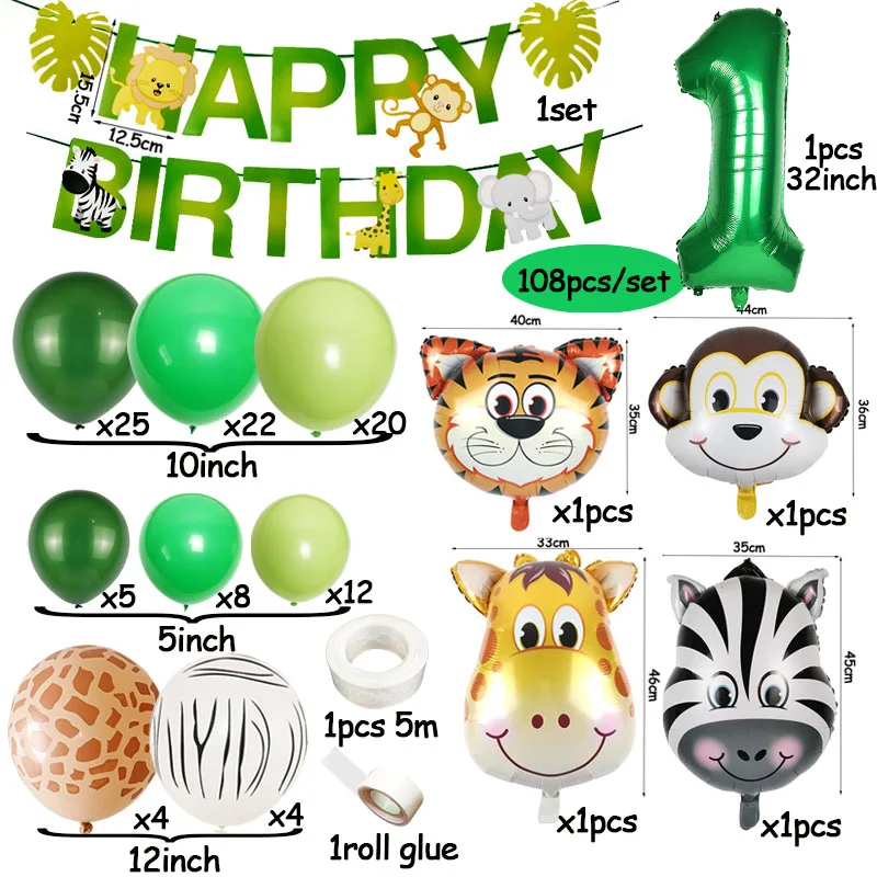 Birthday Balloon Garland Arch Kit para Crianças, Folhas de Palmeira, Selva Safari Festa, Baby Shower Banner, Balão Animal, 1 Ano, 2 Anos, 3 Anos de