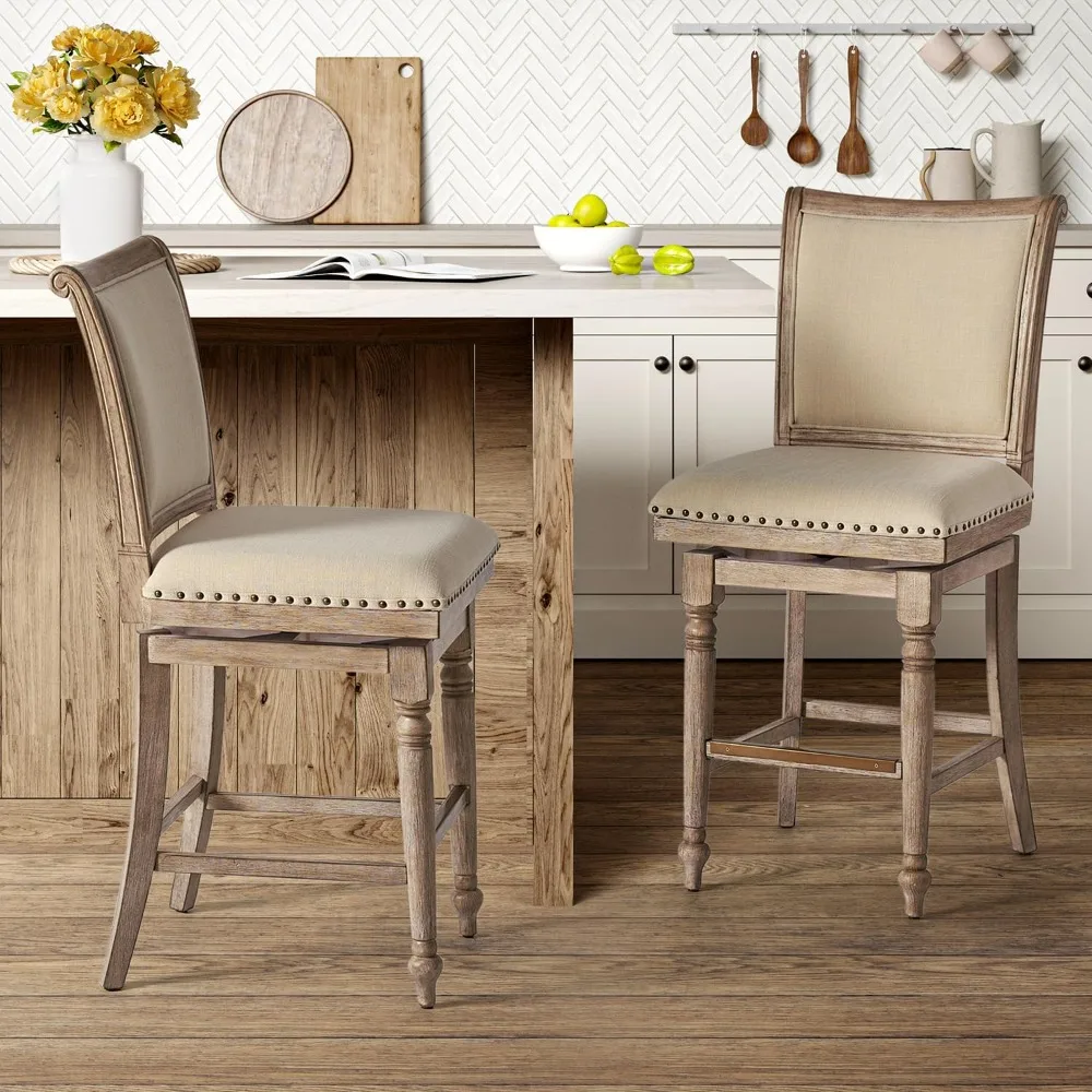 

Wooden Spindle Legs,Counter Height Farmhouse Barstools with Nailhead Trim, Fabric Upholstered Bar Chairs for Dining Room