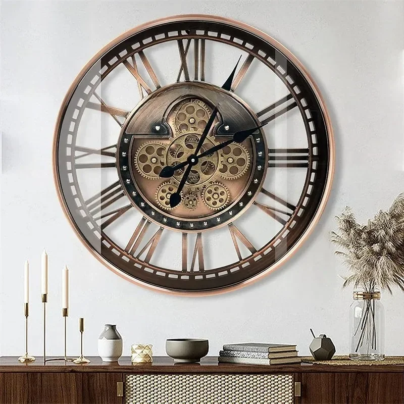 oversized industrial steampunk Bronze Antiqued Quartz Analog moving Gear Wall clock for home decor