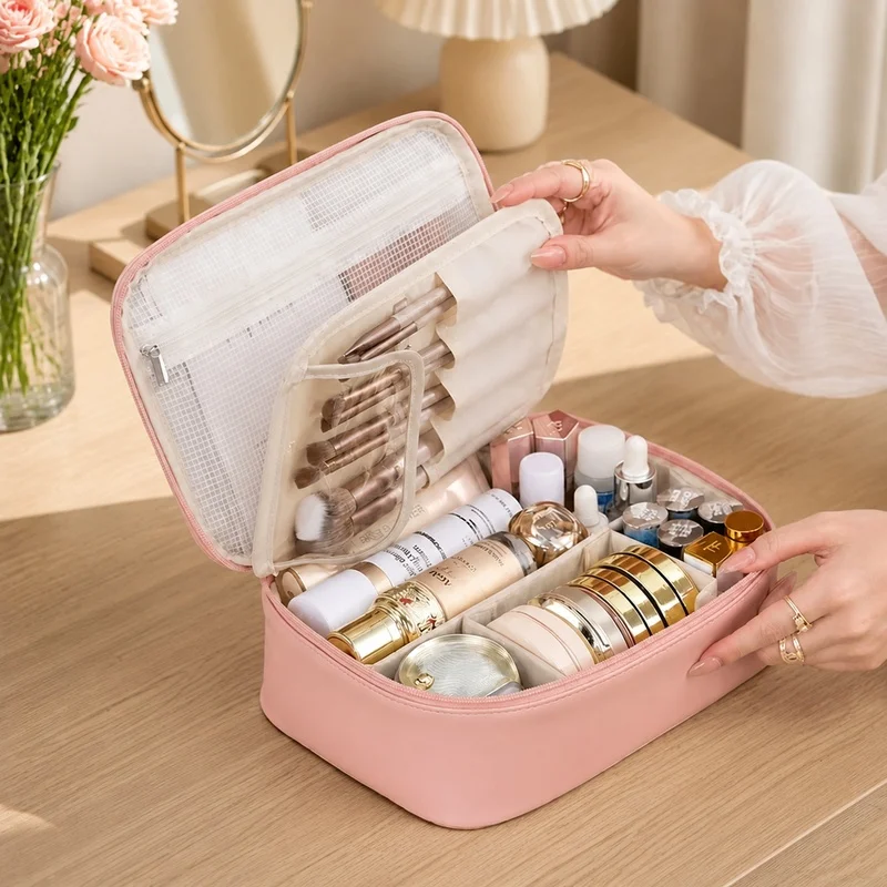Double-Layer Makeup Bag for Women - Spacious Cosmetic Storage Case, Ideal for Travel and Daily Use