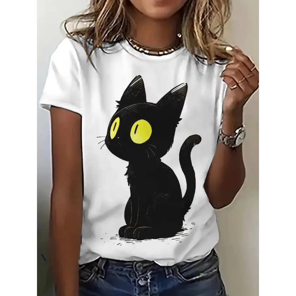 

Cute Cat Cartoon Cool Women's T-shirt Fashion Women Blouse Kawaii Cat Tops Shirts Black Cats O-neck Summer Short Sleeve Tee
