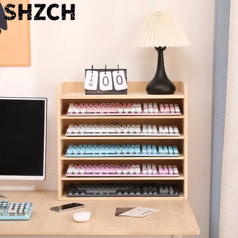 Minimalist Wooden Keyboard Shelf Office Multi Layer Dustproof Storage Rack Large Capacity Organizer Box for Computer Accessories