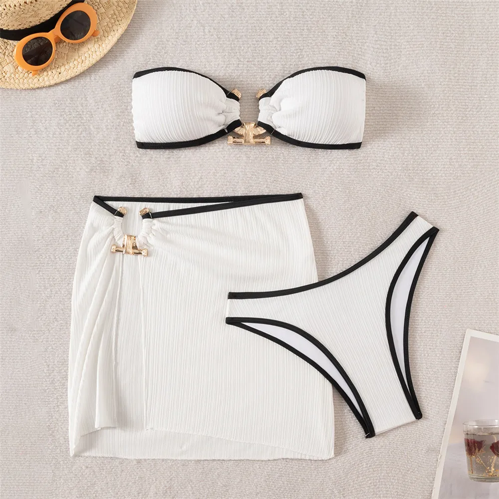 

Solid White Bandeau Bikinis Sets 3 Pieces Swimwears Cover Ups Metal Ring Sexy Swimsuit Women 2026 Beachwear Bathing Suit Bikini