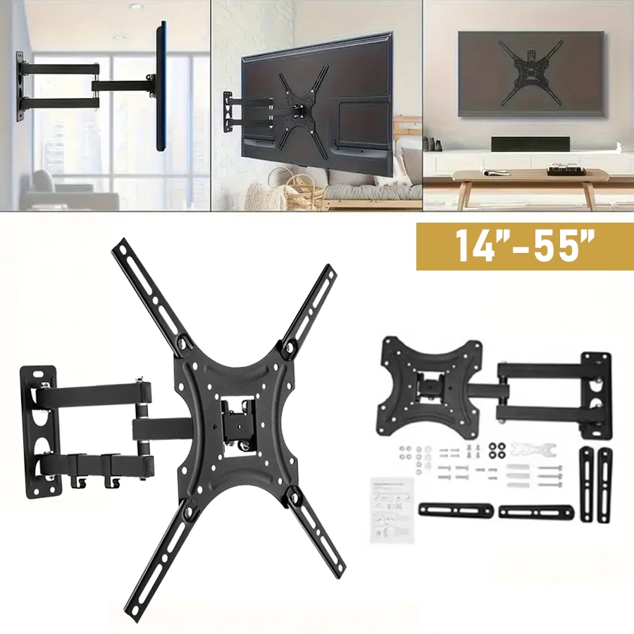 Soporte de pared para TV familiar de una pieza para televisores de hasta 14" a 55". Adecuado para televisores LED, LCD, QLED, OLED, curvos, de pantalla plana y más, con gestión de cables de TV en la parte inferior