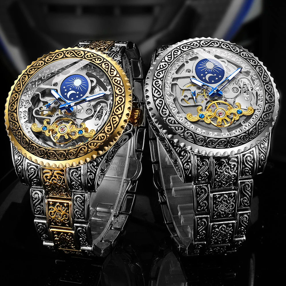 Forsining Luxury Gold Skeleton Mechanical Watches Moon Phase Retro Engraved Luminous Tourbillon Automatic Mens Watch Steel Strap