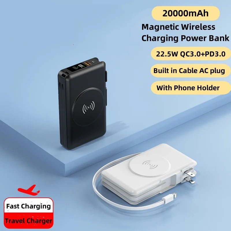 Power Bank Wall Charger 20000mAh Magnetic Wireless Powerbank Built in Cable Plug 22.5W Fast Charger for iPhone 15 Xiaomi Samsung