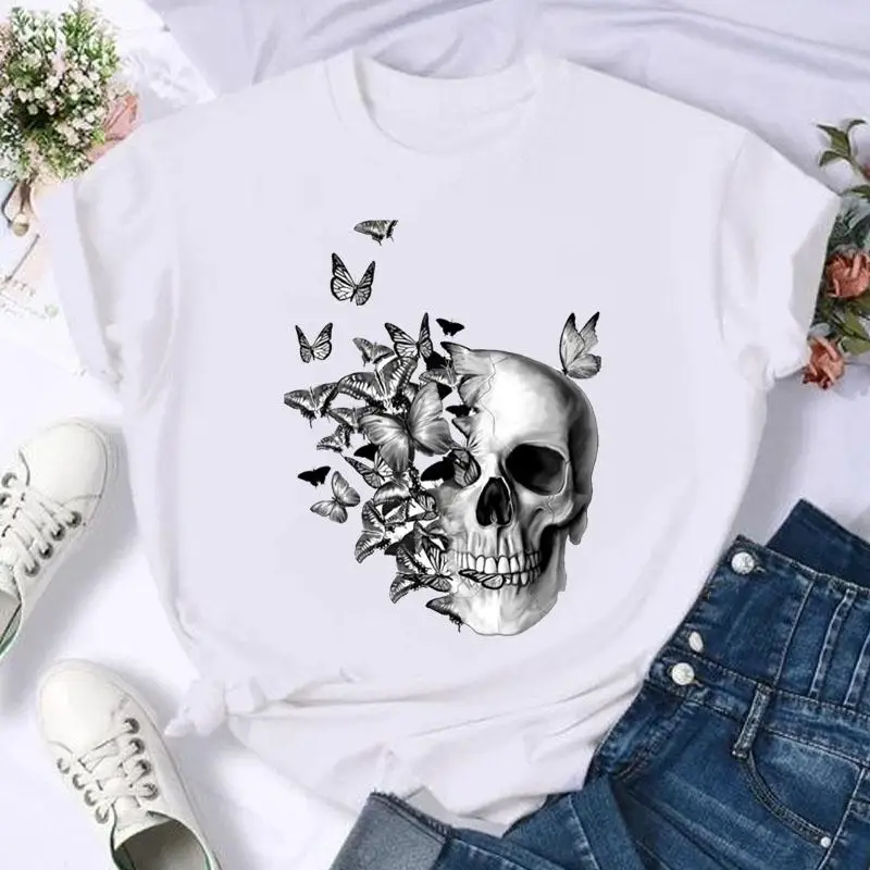 Short Sleeve Casual Top Print T Shirt Fashion Summer Women Butterfly Skull Funny 90s Female Tshirts Cartoon Graphic Tee T-Shirt