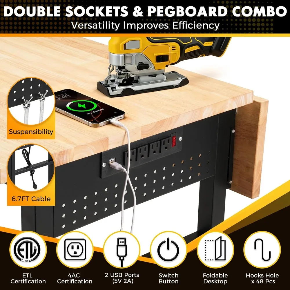 48x32In Rubberwood Workbench Adjustable Height Workshop Garage Office Home