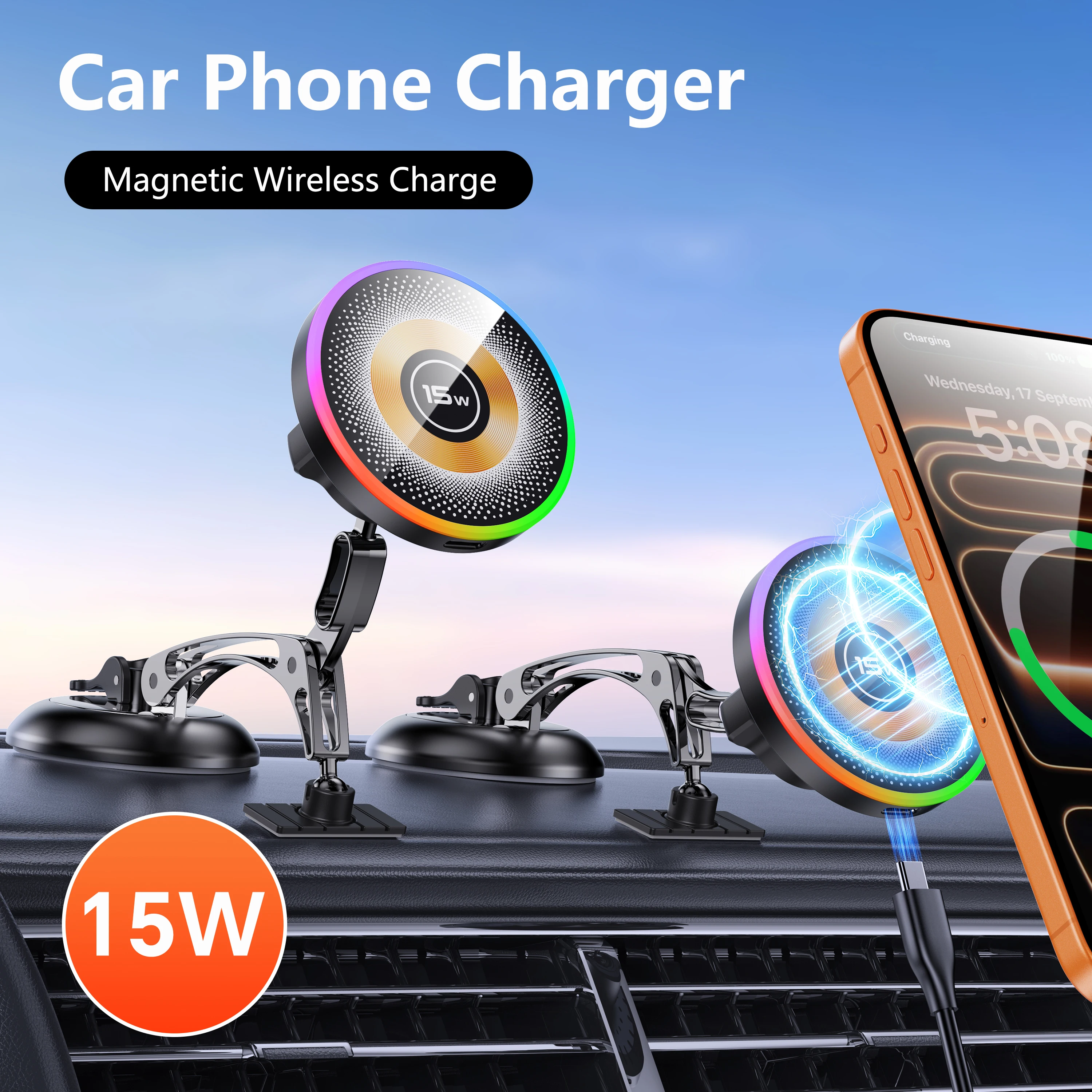 

360° Rotate Fulcrum Magnetic Car Phone Holder Wireless Charging For Xiaomi Huawei i/phone 17 16 Samsung Wireless Charging Stand