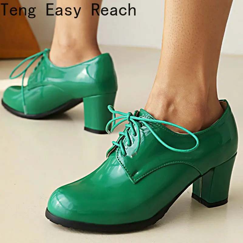 2023 Spring Patent PU Leather Orange Green Lace-up Office Working Woman Shoes Thick High Heeled Derby Oxfords Pumps Heels Woman