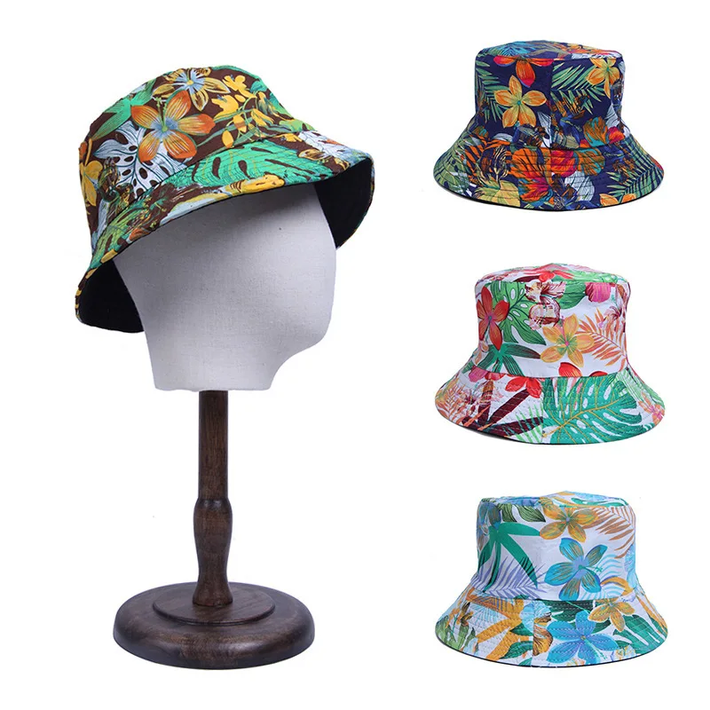 Summer Botanical Leaf Bucket Hat Women's Fashion Cotton Beach Sun Hat Double Sided Women's Floral Panama Hat Bucket Hat