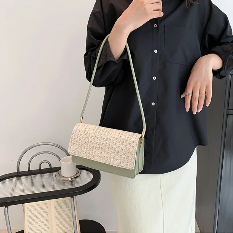 Women's Handbags Fashionable Small Square Bag Trendy Design Straw Contrast Color Commuter Women Aesthetic Crossbody Bag Durable