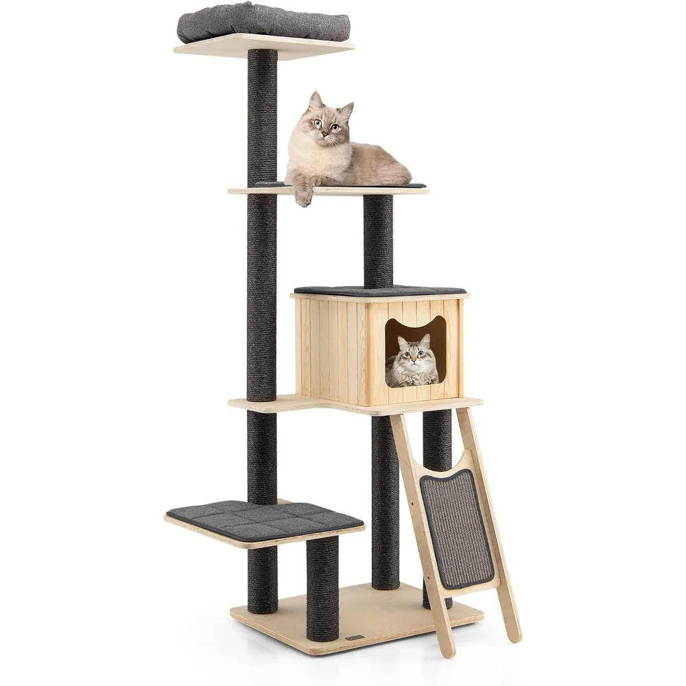 

Tall Cat Tree, 69 Inch 5-Tier Wood Cat Tower with Scratching Sisal Posts,Cute Cat Condo, Washable Cushions