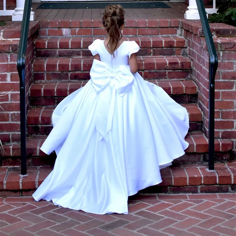 Vestido de flor branca com trem longo para meninas, princesa arco, vestido de festa de casamento, aniversário, moda comunhão, vintage