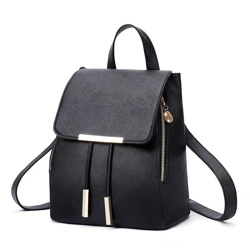 Small Drawstring Flap Backpack Women Mini PU Leather School Backpack Fashion Travel Commuter Bag Girl Double Zipper Bakpacks