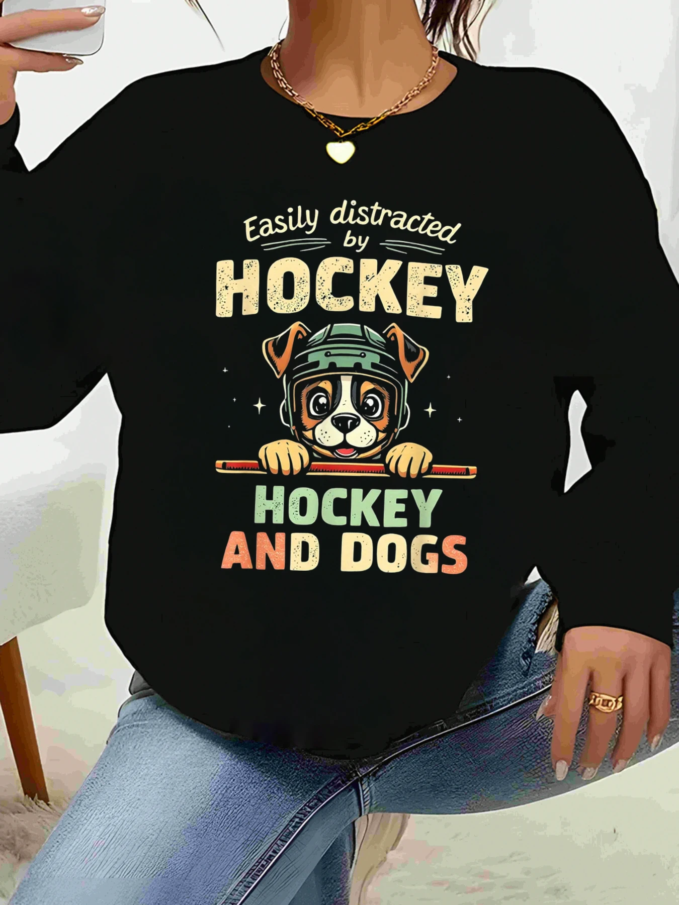 Hockey Dog Print Long Sleeve Top for Casual Wear Women