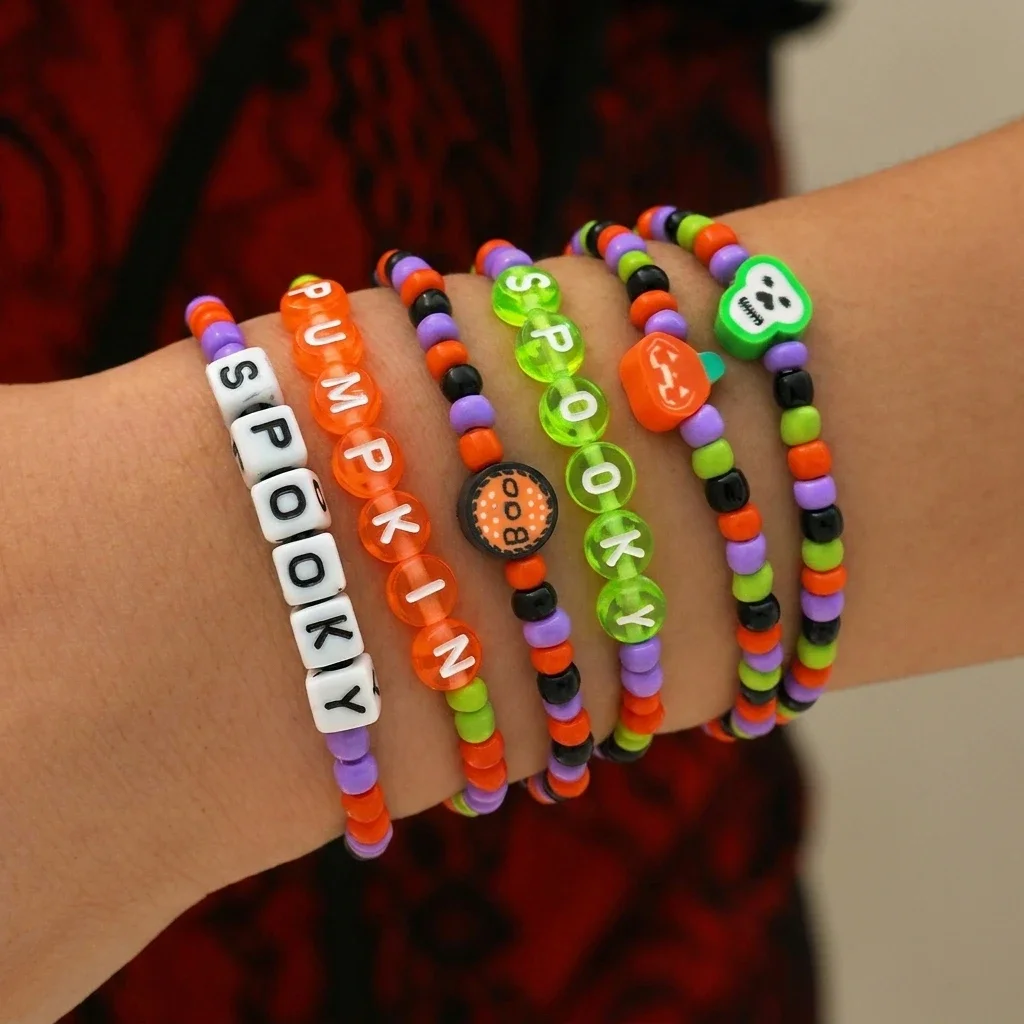 Halloween Multilayer Beaded Stackable Bracelets Set, Gothic Charm