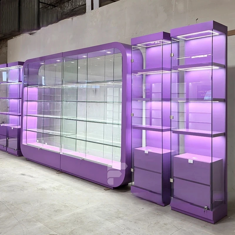 custom.Modern Glass Display Showcase Retail Furniture Purple Wall Cabinet Sliding Door Lockable Display Fixtures