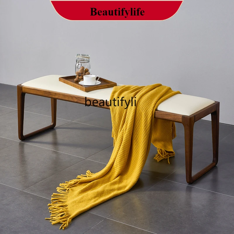 

D132 Nordic bedside stool long dining stool black walnut bench bedroom solid wood bed front leather bed