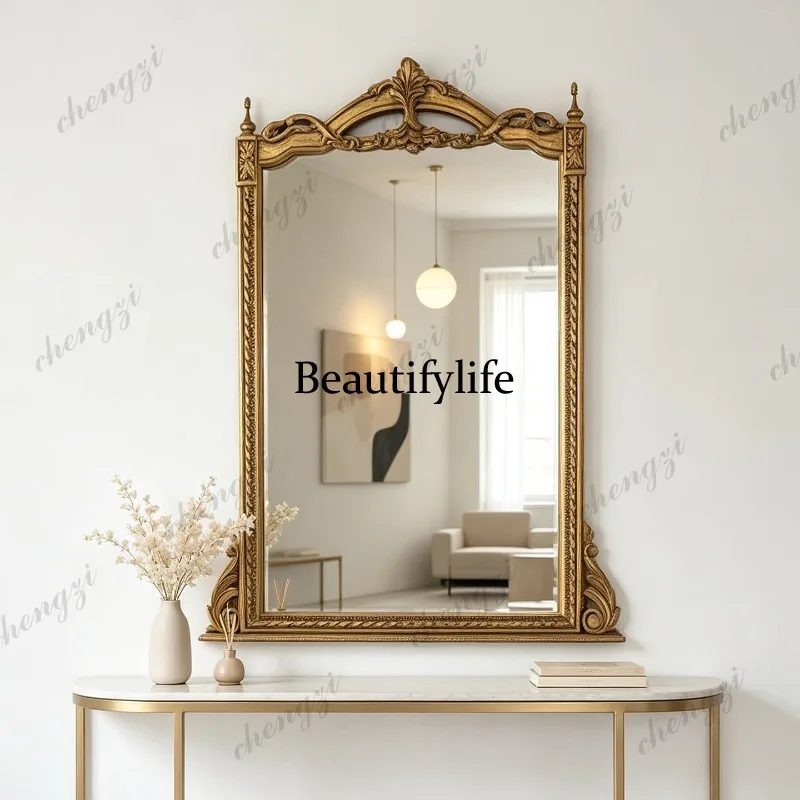 American vintage bathroom mirror, wall-mounted irregular carved makeup mirror, European living room decorative mirror