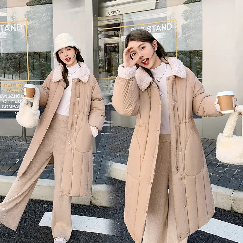 PinkyIsBlack 2024 New Lamb Collar Long Down Cotton Women's Jacket Winter Korean Solid Color Single Breasted Loose Coat Clothes