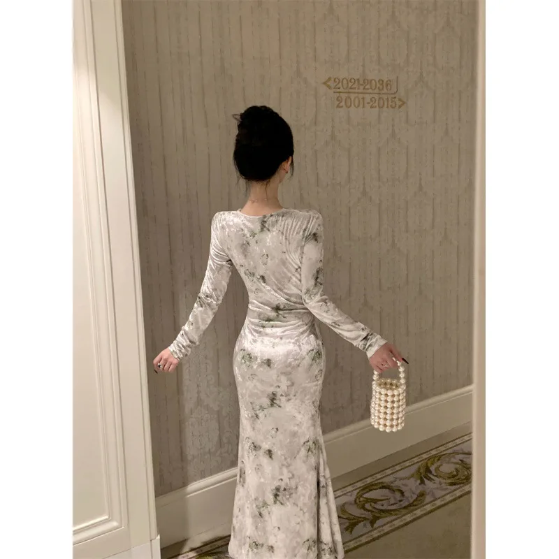 ヴィンテージ V ネック プリント クロスノット グリーン ベルベット ボディコン ミディドレス エレガント スリム パーティー プロム ドレス 女性用イブニングガウン