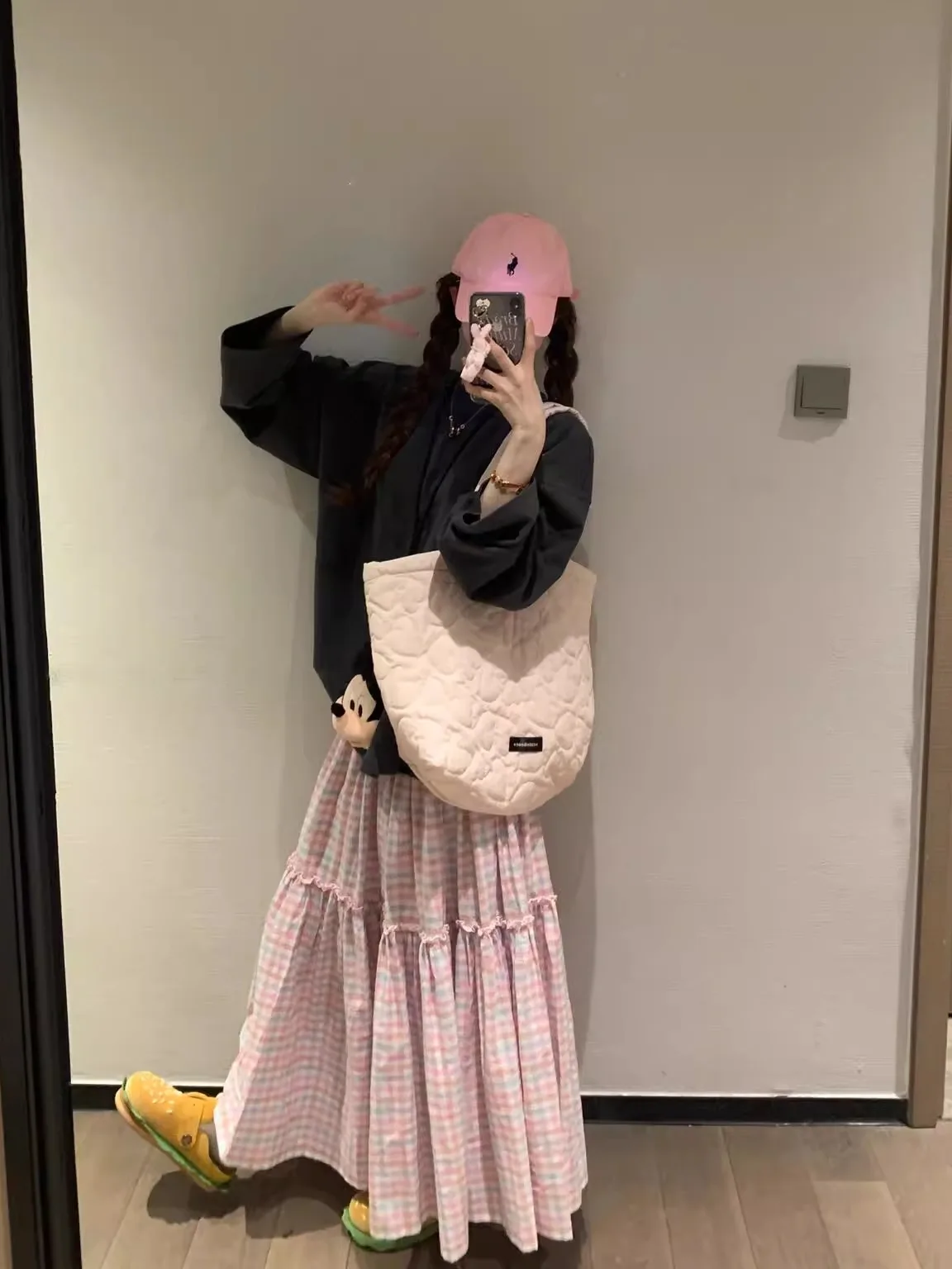 2025 Spring New Gentle Miu Series Pink Plaid  Skirt Women's High Waist A-Line Cake Long Skirt Casual Style Splicing Design
