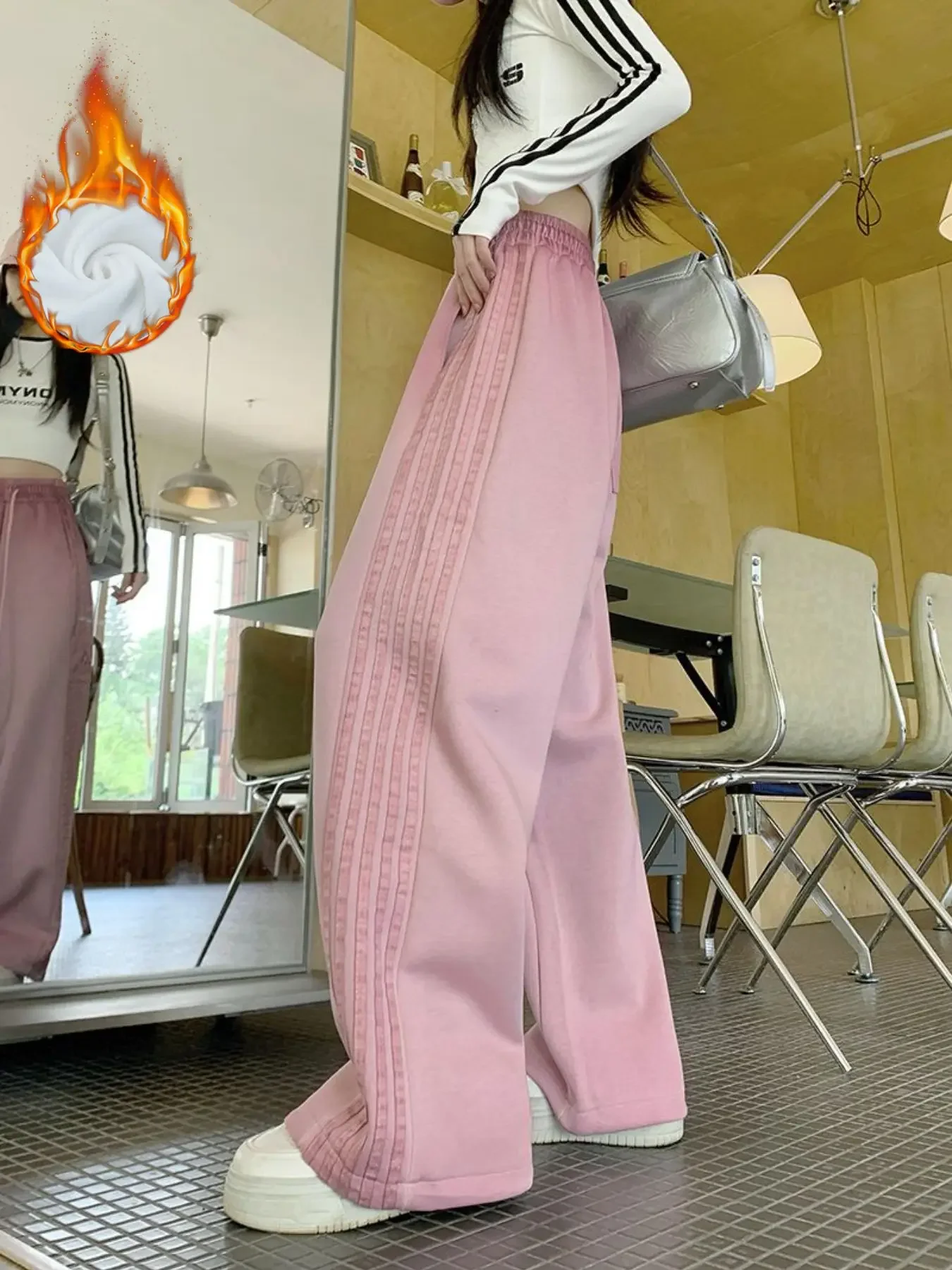 Pantalon Long chaud en polaire pour femme, grande taille, décontracté, rayé, tendance, jambes larges, Y2K, ample, jambes droites, automne/hiver