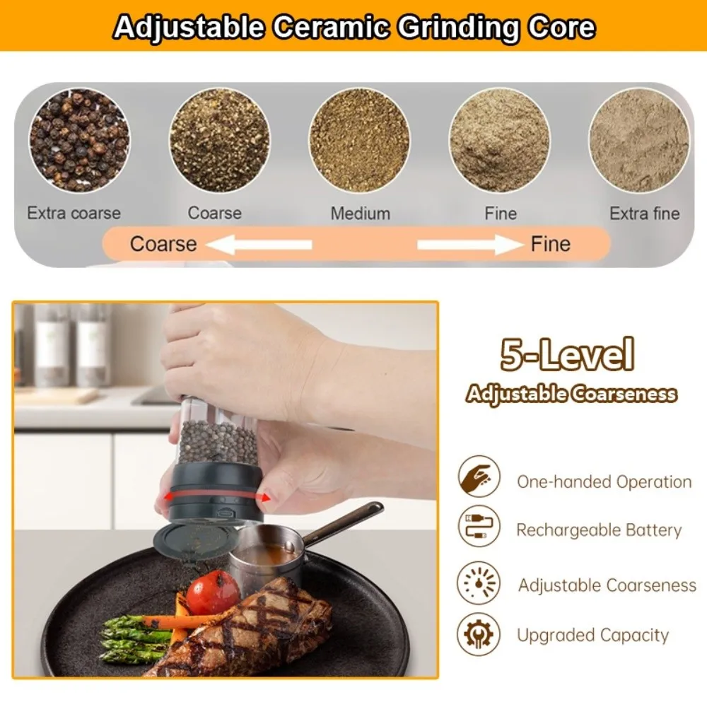 

USB Rechargeable Electric Pepper Grinder Large Capacity Black Automatic Pepper Mills Precision Grinding Adjustable Coarseness