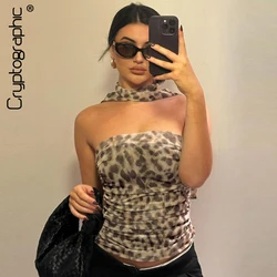 Kryptografischer Leopardenmuster, sexy Crop-Tanktops, Club-Outfits für Frauen, elegantes, rückenfreies, abgeschnittenes Mesh-Top, T-Shirts, Kokette-Ästhetik