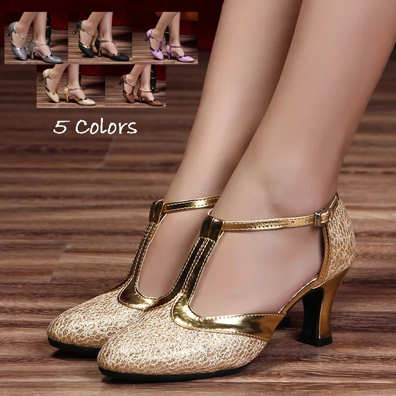 T Bar Salsa Latin Dance Shoes Women Closed Toe Tango Ballroom Dance High Heels Soft Dancing Shoes 5.5cm Ballroom Dance Sandals