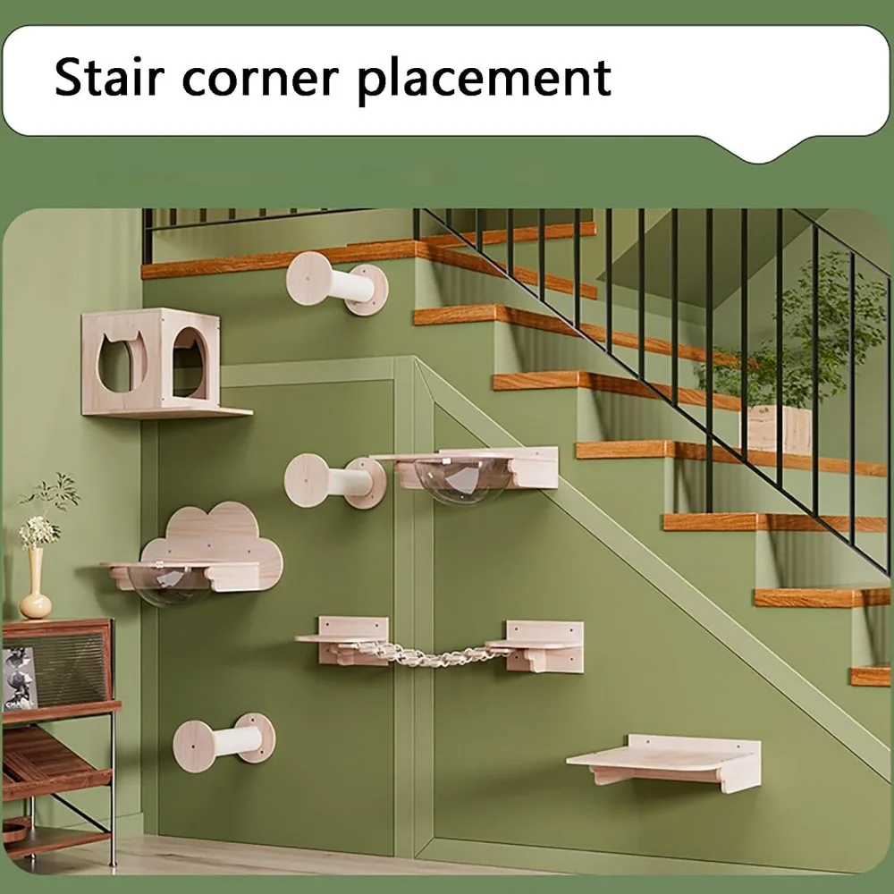طقم أثاث قطط مكون من 5 قطع مثبت على الحائط مع جدار التسلق والأرفف ومنصات القفز