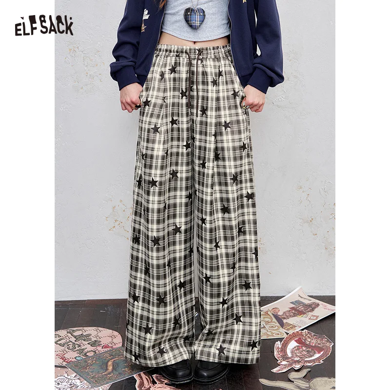 

ELFSACK 2025 Autumn New Arrival Casual Checkered Graphic Wide-Leg Drawstring Long Pants For Woman
