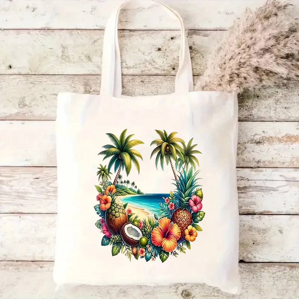 Bolsa de lona con estampado de escena de playa tropical, perfecta para viajes de verano, días de playa y escapadas de fin de semana, compras diarias y desplazamientos.