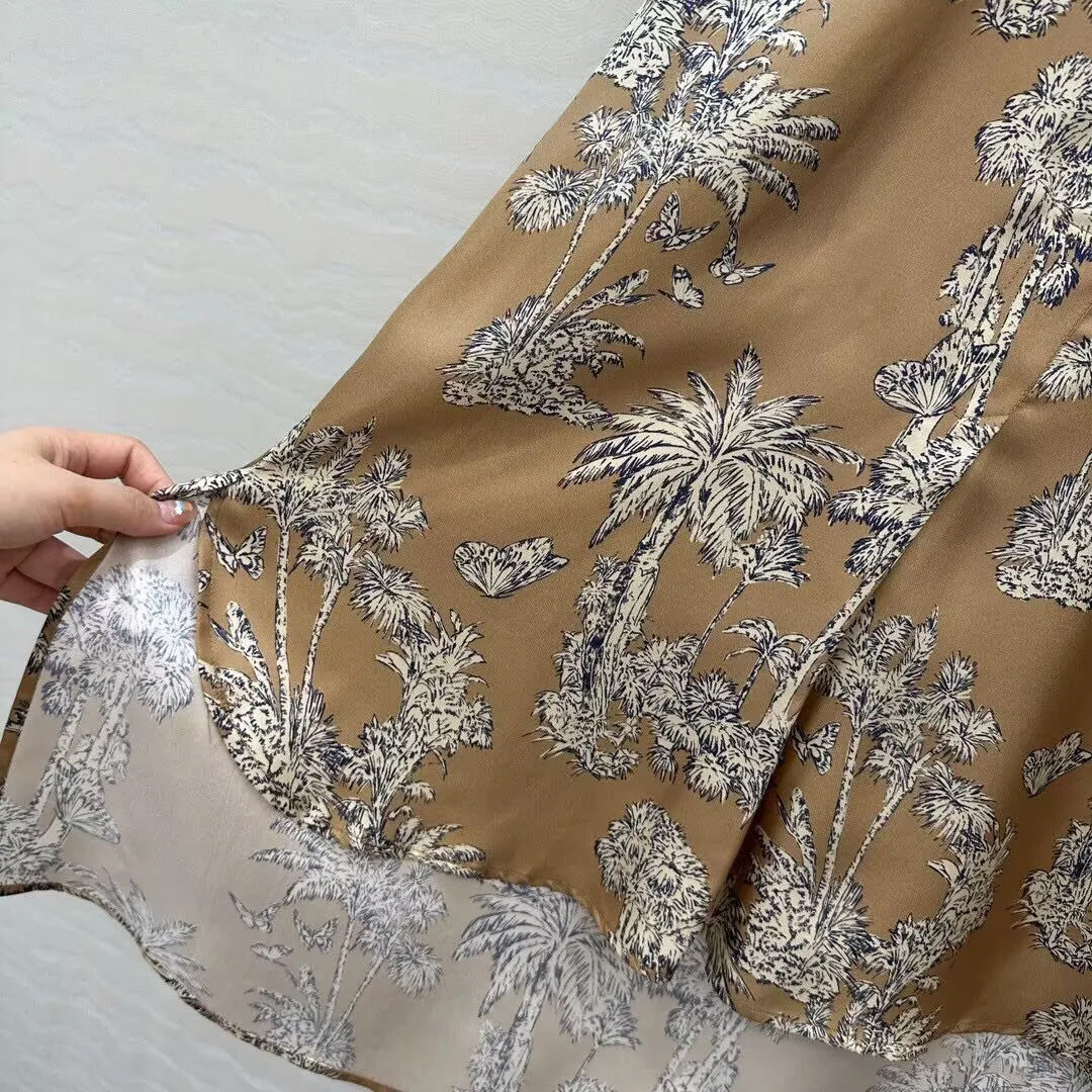 2025 nuevo otoño Vintage estampado de árbol de coco mariposa 100% Camisa larga de seda mujeres cuello redondo manga larga blusa Casual suelta Tops