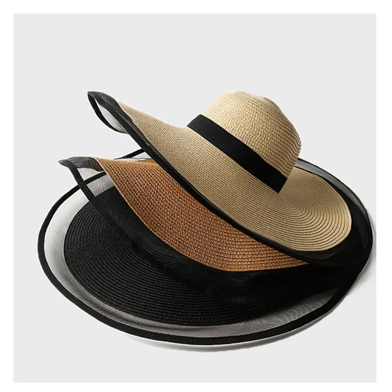 Summer Straw Hat For Women Girls Visors Female Protection Big Eaves Organza Fashion Straw Bucket Hat Foldable Beach Panama Caps