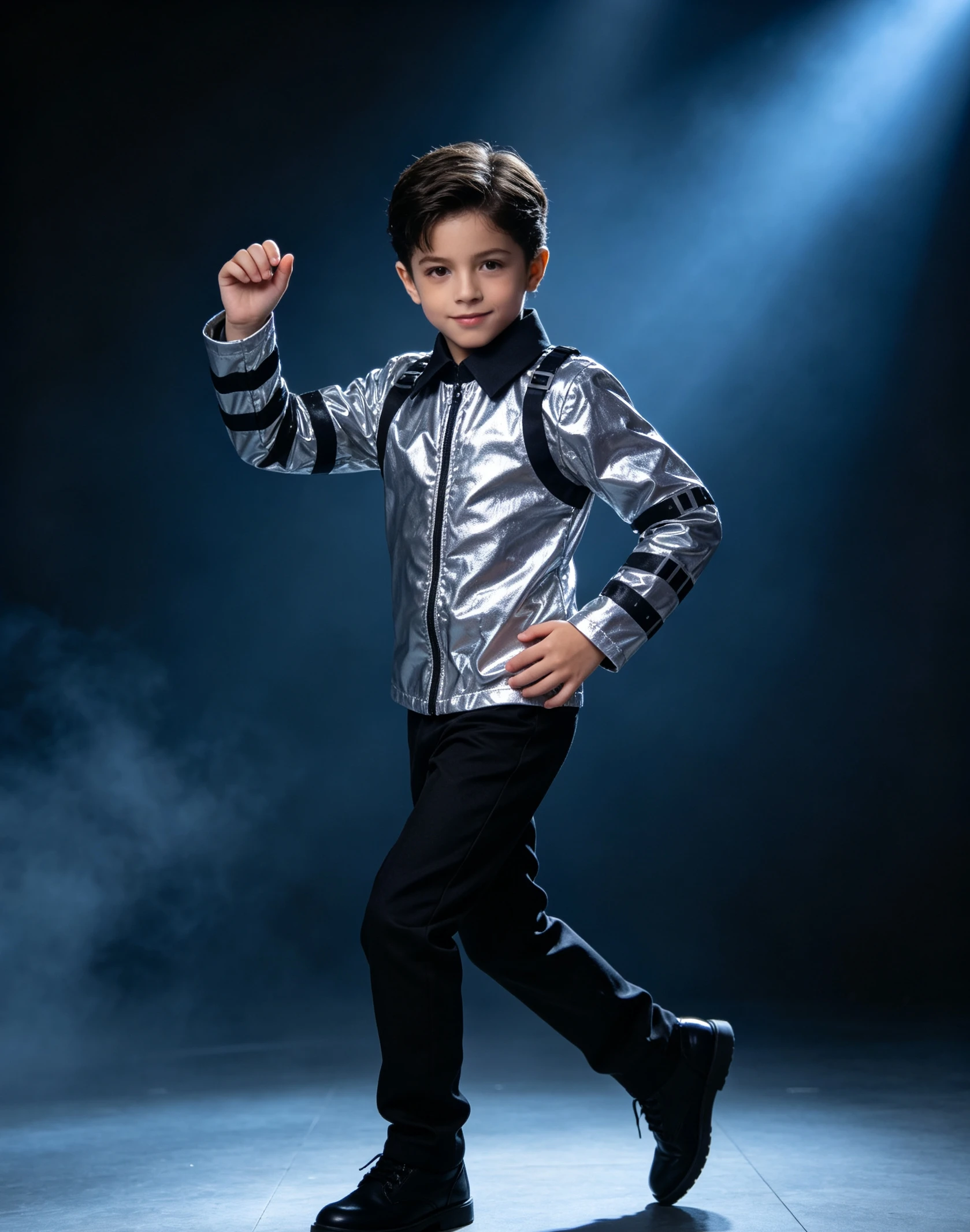 Camiseta metálica de manga larga para niños, con detalles de cuello y tirantes negros para eventos temáticos