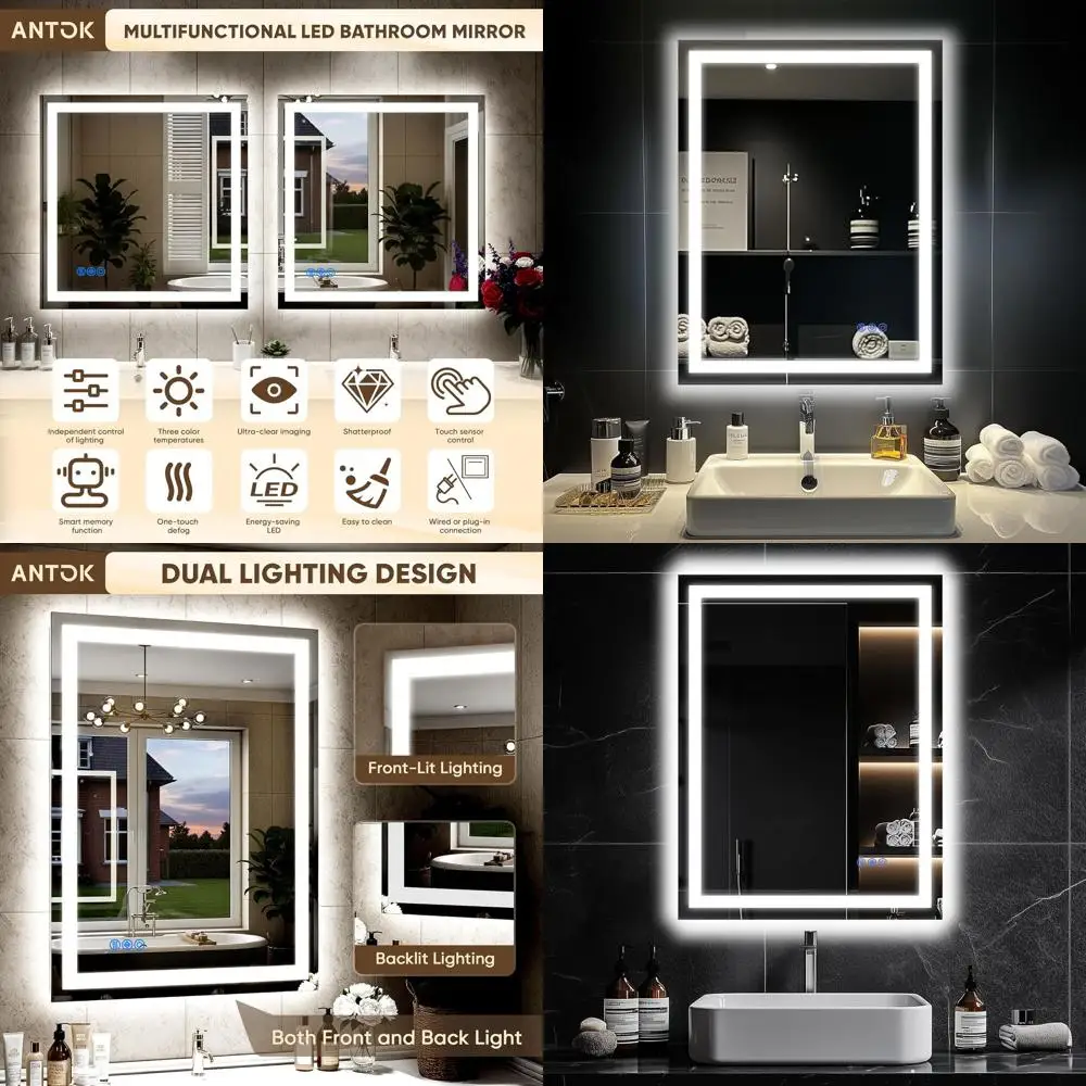 

24x32 LED Lighted Bathroom Vanity Mirror, Tempered Glass, Anti-Fog, Dimmable, 3 Lighting Modes, Wall-Mounted