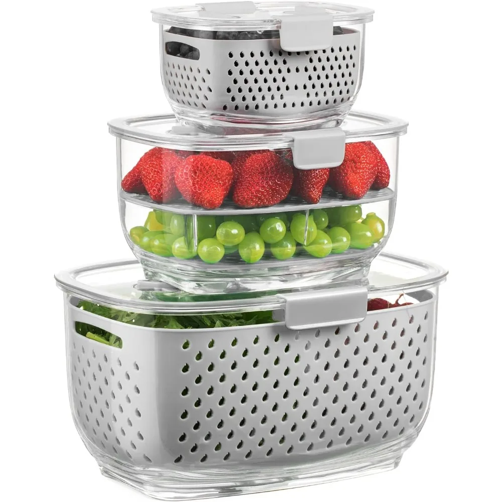 

LUXEAR Fresh Produce Vegetable Fruit Storage Containers 3Piece Set, BPA-free Fridge Storage Container, Partitioned Salad