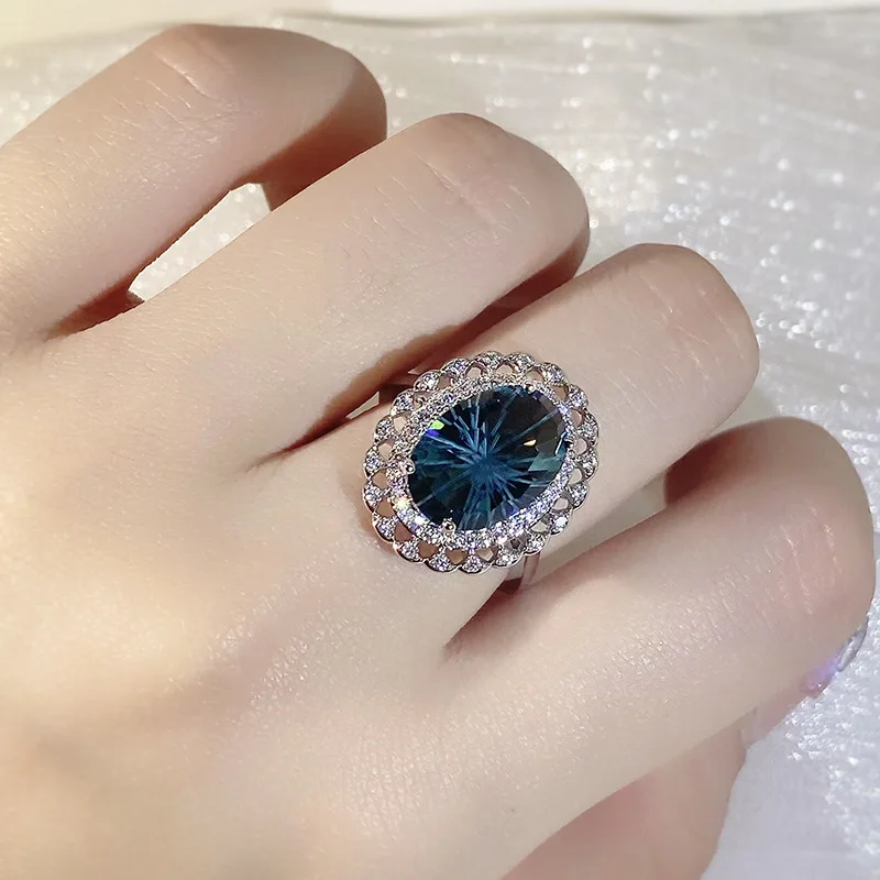 Haute Couture Cincin Wanita Topas Biru 925 Perak Alami Kembang Api Biru Topas Cincin Wanita Hadiah Perhiasan Pesta Koktail