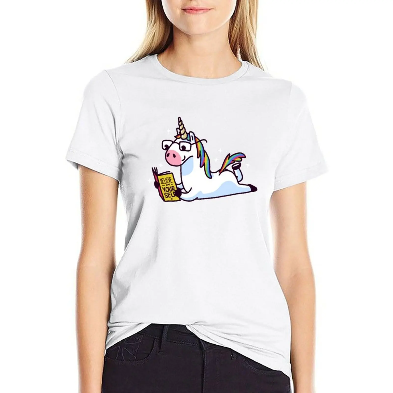 

Unicorn Reading Book Believe in Yourself Floor T-shirt female summer top Women's cotton t-shirt