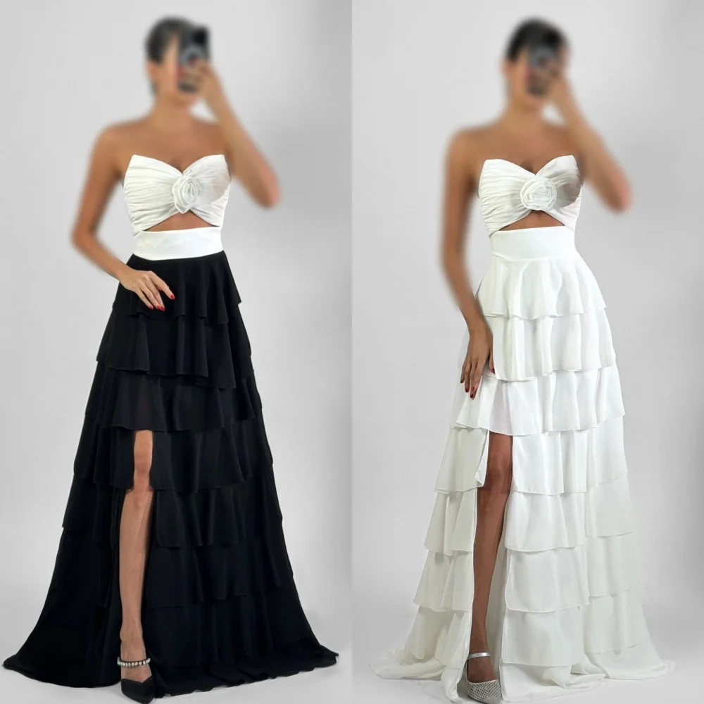 

Customized Matching Sexy Chiffon Pleat Tiered Ruched Handmade Flower A-line Strapless Long Dresses Bespoke Occasion Dresses