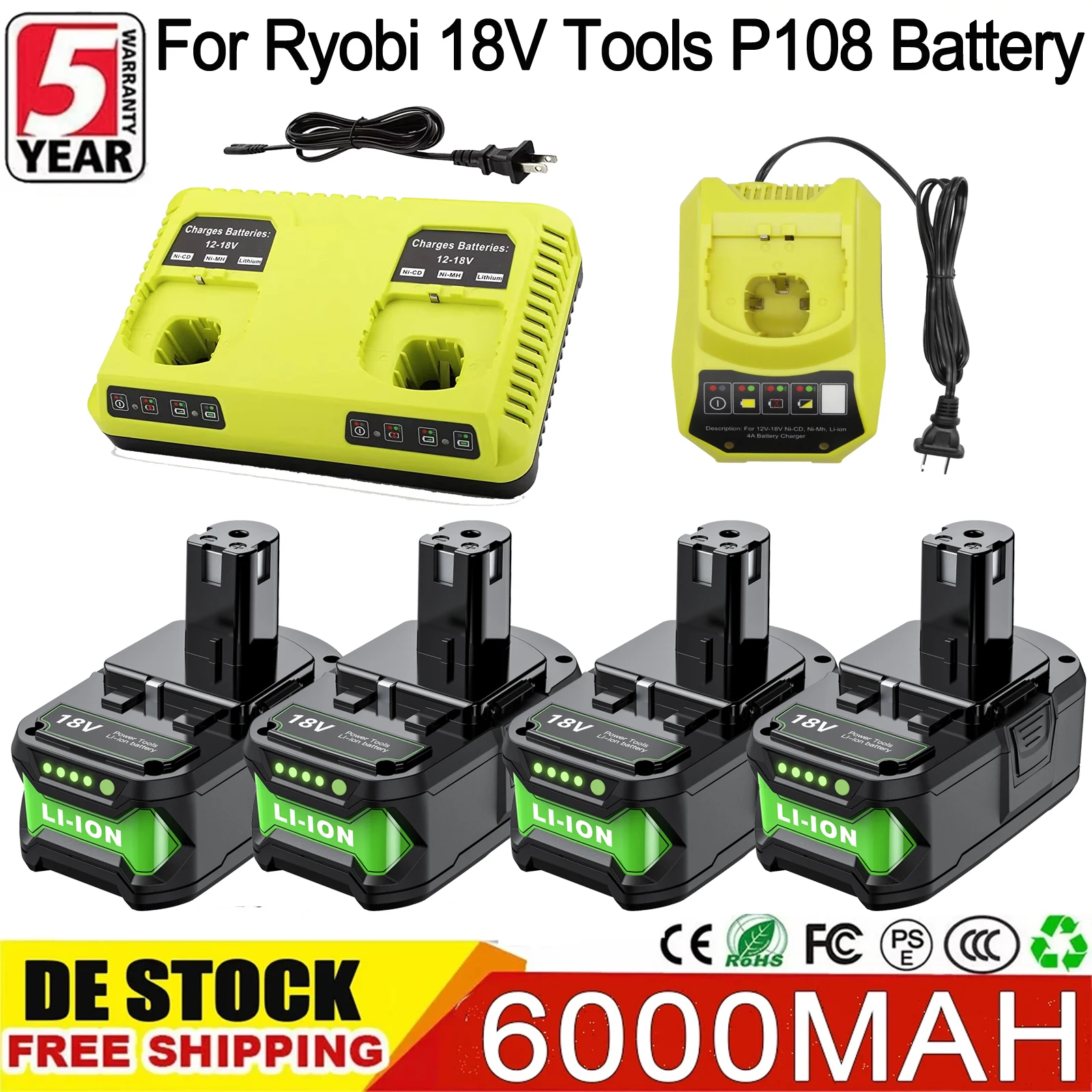 Batterie rechargeable Bonacell 18V 6000mAh pour outils Ryobi P108, remplacement pour P108 P107, visseuse à chocs, outils électriques