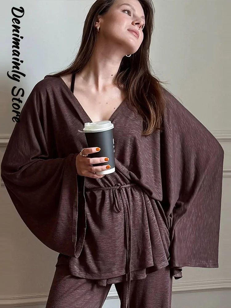 Loose Women's Lace Up Full Sleeve Long Pants Set Casual Female Open Top Wide Leg Pant 2026 Spring Summer Lady Solid Color Suit view 2