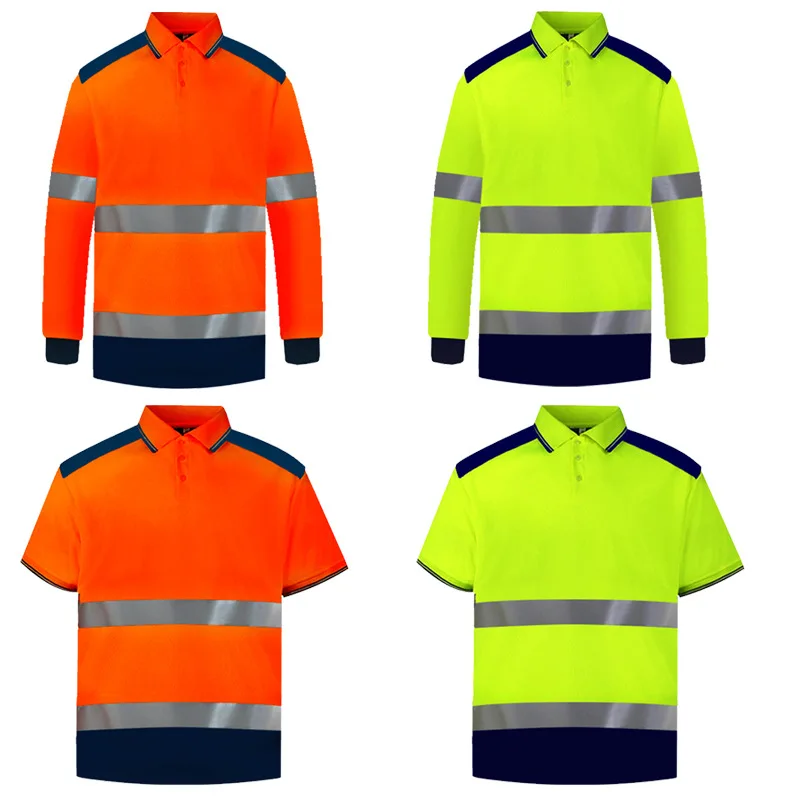 Hi Vis Long Sleeve Safety Polo Shirt Orange Yellow High Visibility Reflective Shirt With Buttons Work Shirt Working Suit Tops