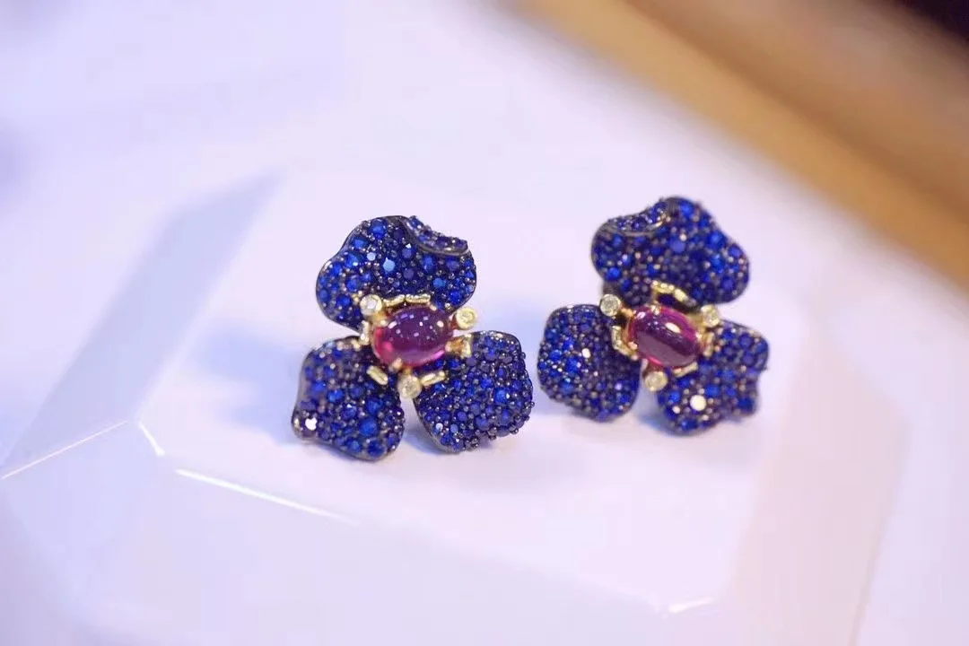 flower stud earring 925 sterling silver with cubic zircon green blue red color fine women jewelry free shipping